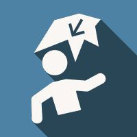 Icon of a person being hit by a falling object, white figure on blue background with dark shadow
