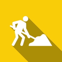 White worker shoveling a pile on yellow background, roadwork warning sign