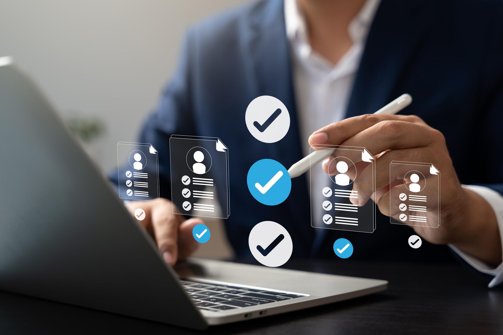 Businessperson using a laptop with floating app icons and check marks in a digital workflow interface
