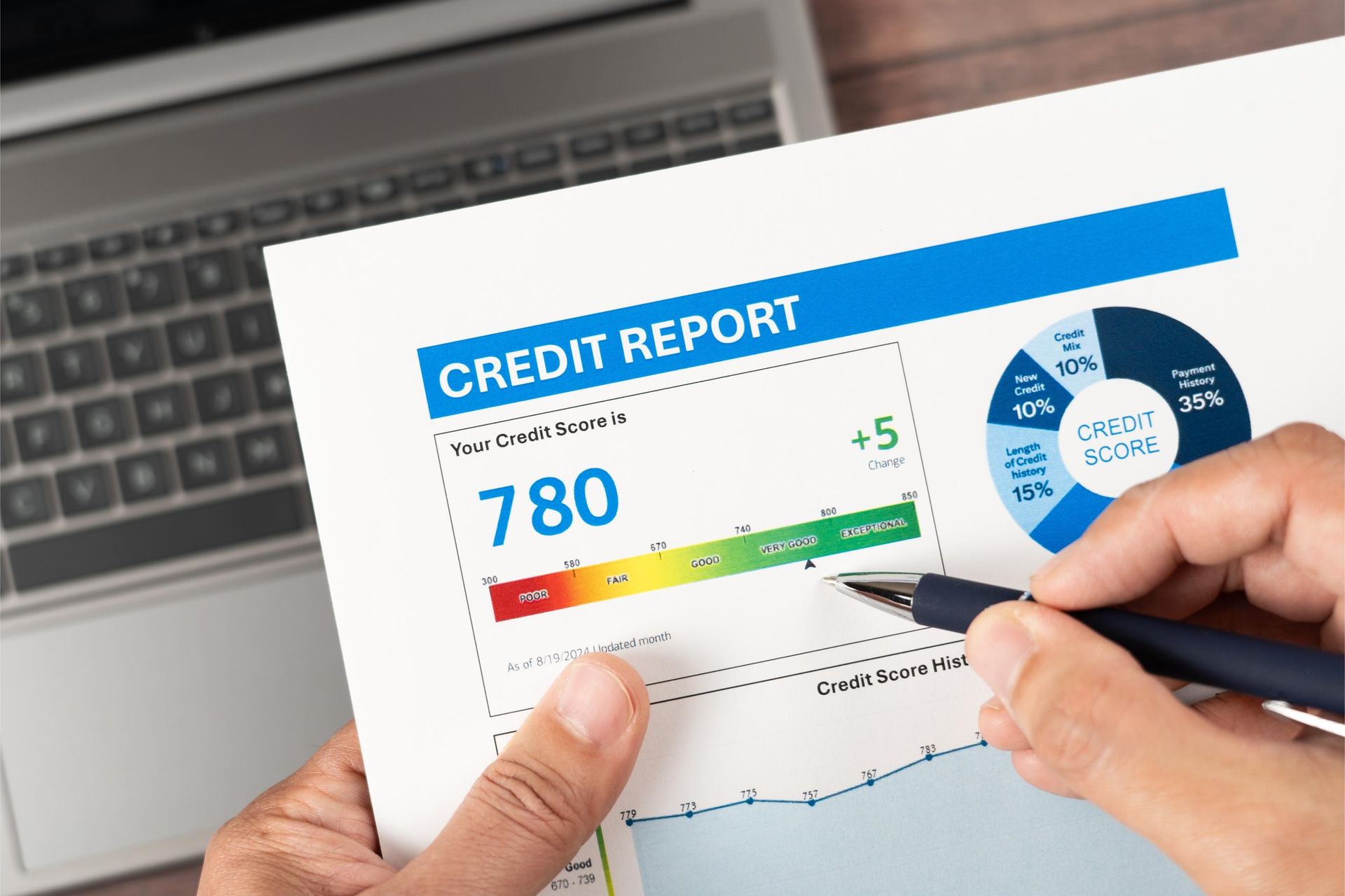 Hands holding a credit report with a 780 score and colored rating scale on a laptop desk