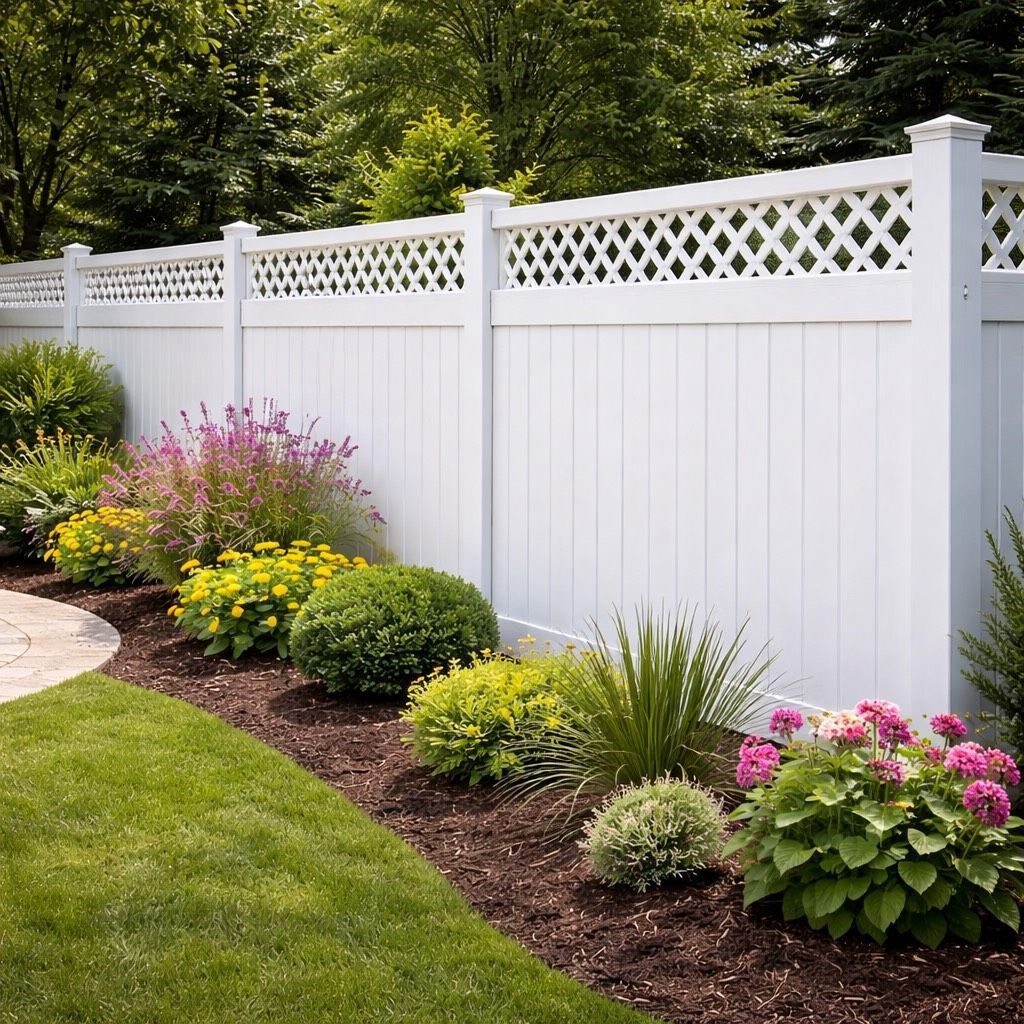 White picket fence with decorative lattice top, bordering a flower bed with colorful blooms.