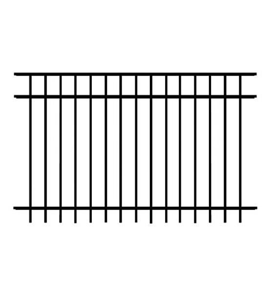 A black and white drawing of a Aluminum fence on a white background.