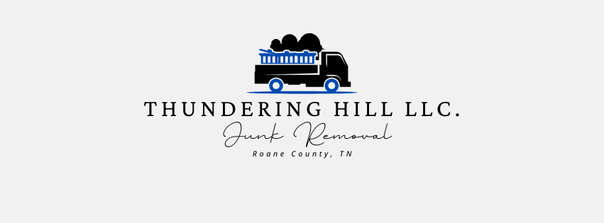 Logo for Thundering Hill LLC, a junk removal service in Boone County, IA, with a truck carrying junk.