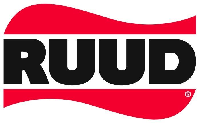A red and black logo for a company called ruud logo
