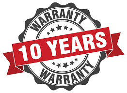 A 10 year warranty seal with a red ribbon