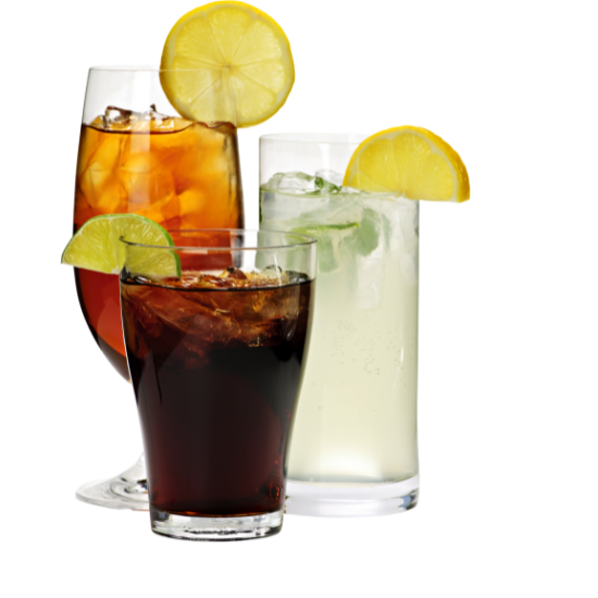 Three iced beverages with lemon slices, including dark cola, amber tea, and a light citrus drink.