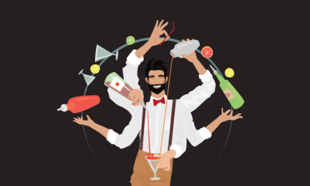 Multi-armed bartender juggling bottles, cocktail shaker, lemon, and martini glass on a dark background