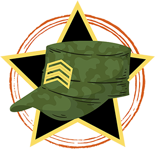 Green camouflage military cap with sergeant stripes, inside a black star, over a tan circle.