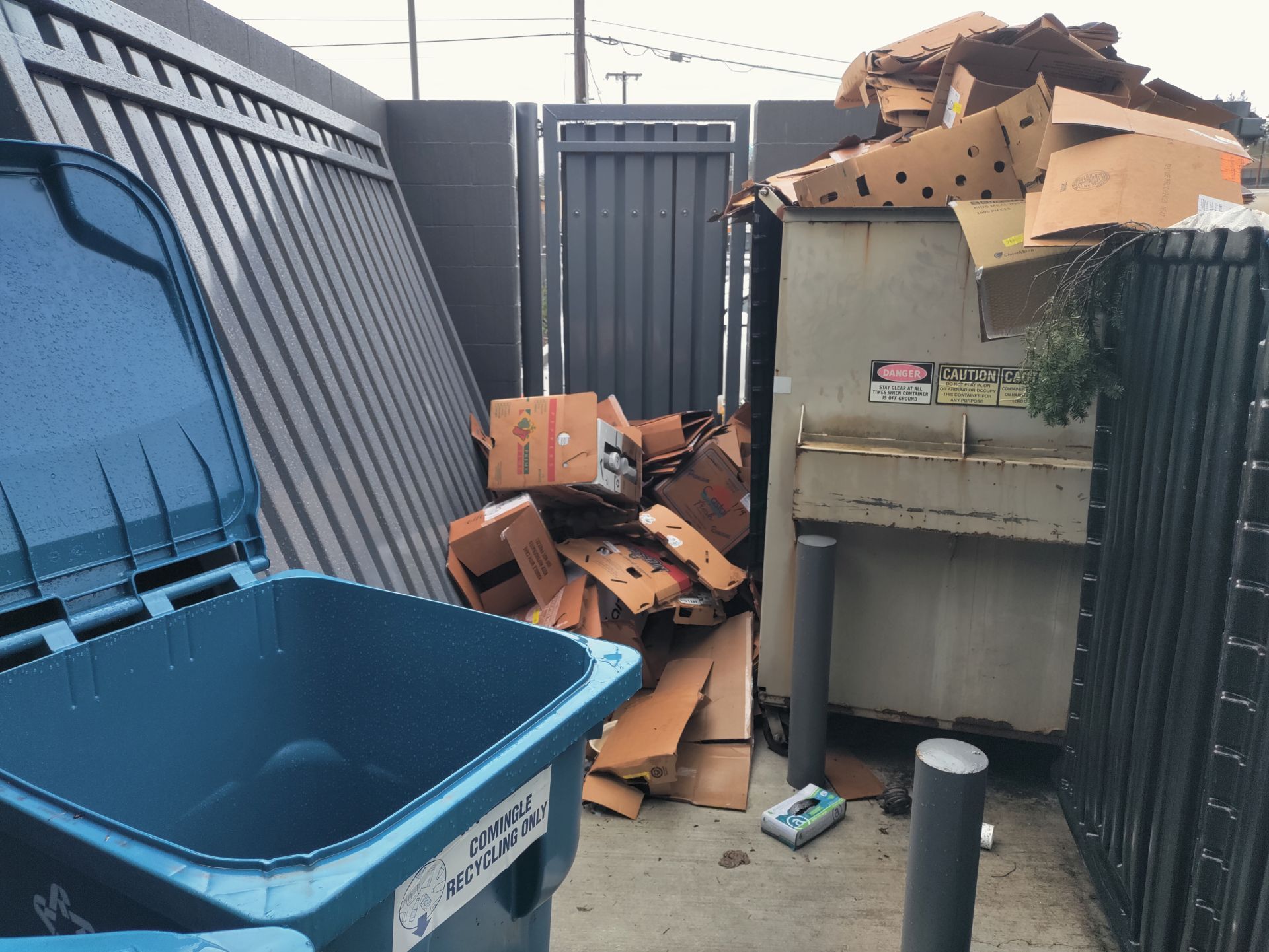 Blue trash bin next to overflowing cardboard dumpster in an enclosed area with metal fencing.