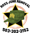 Ross Junk Removal logo with green military-style cap on a yellow star, encircled by a red ring. 503-302-2152.