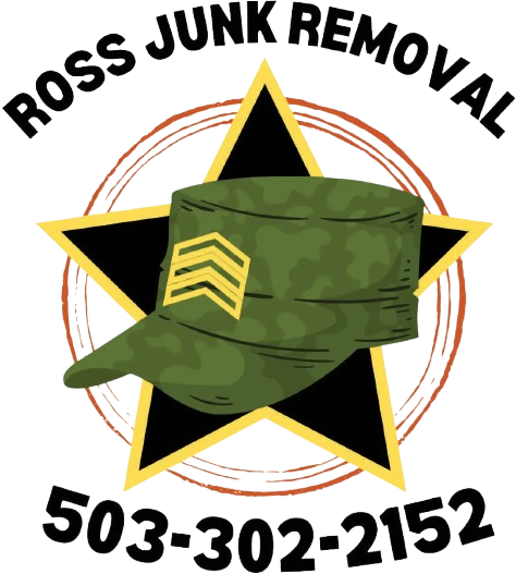 Logo for Ross Junk Removal: green military cap with sergeant stripes on a yellow star, encircled by a red ring. Text 