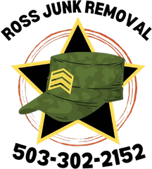 Logo for Ross Junk Removal: green military cap with sergeant stripes on a yellow star, encircled by a red ring. Text 