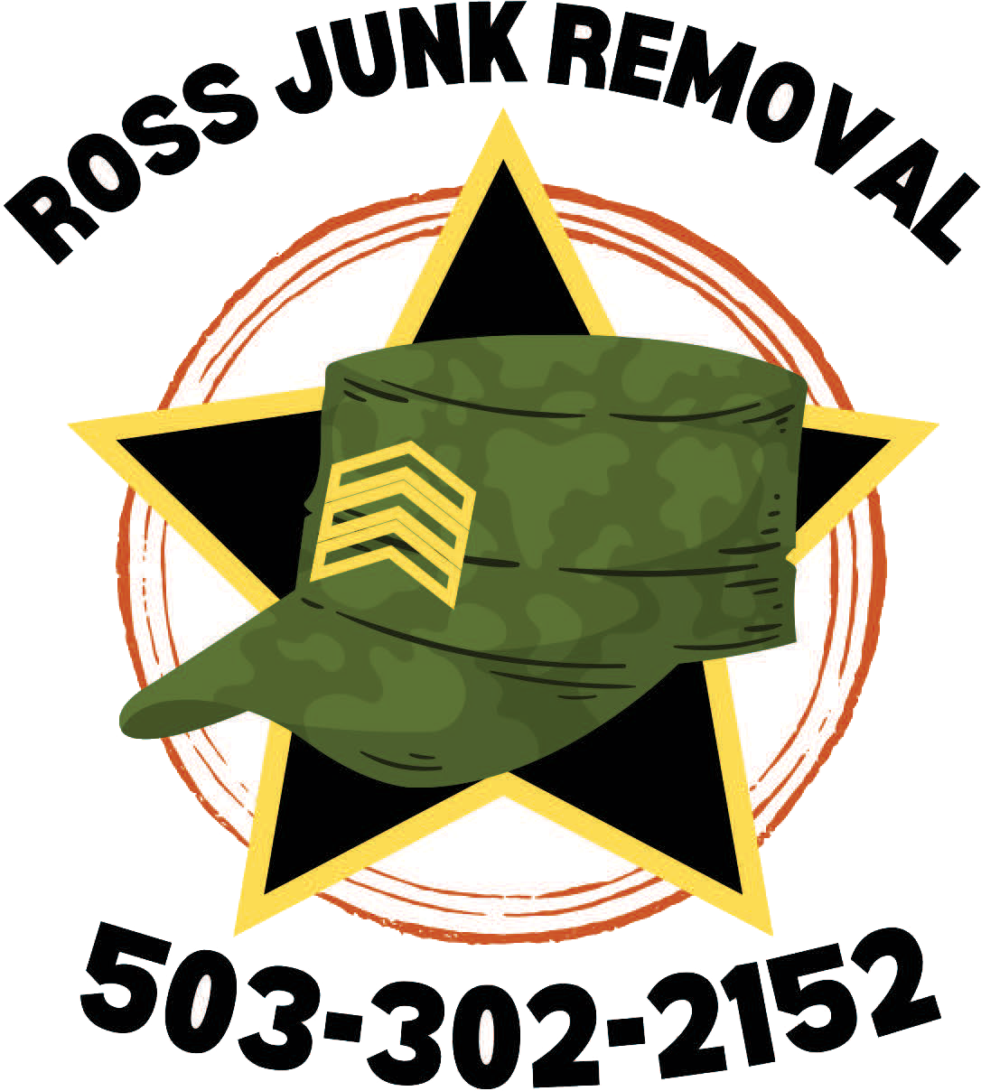 Ross Junk Removal logo with green military-style cap on a yellow star, encircled by a red ring. 503-302-2152.