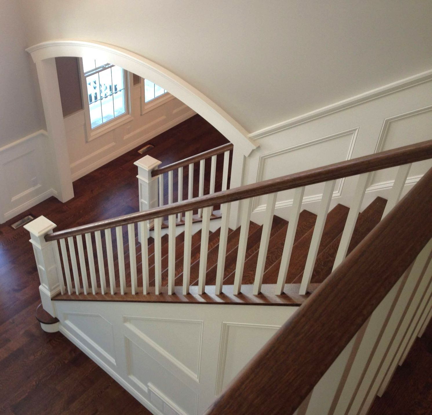 An aerial view of a staircase in a house