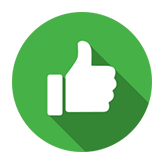 A thumbs up icon with a long shadow in a green circle.
