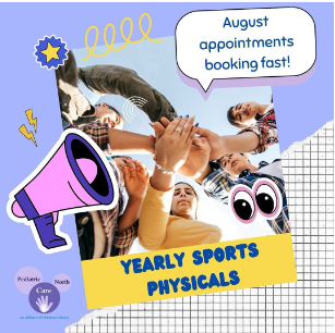 An advertisement for yearly sports physicals in august