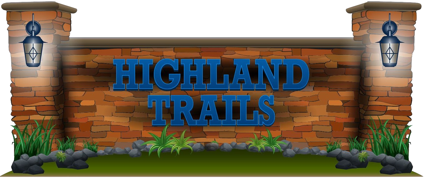 A sign on a brick wall that says highland trails