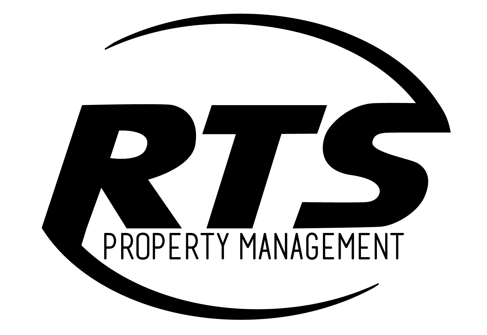 The logo for rts property management is black and white.