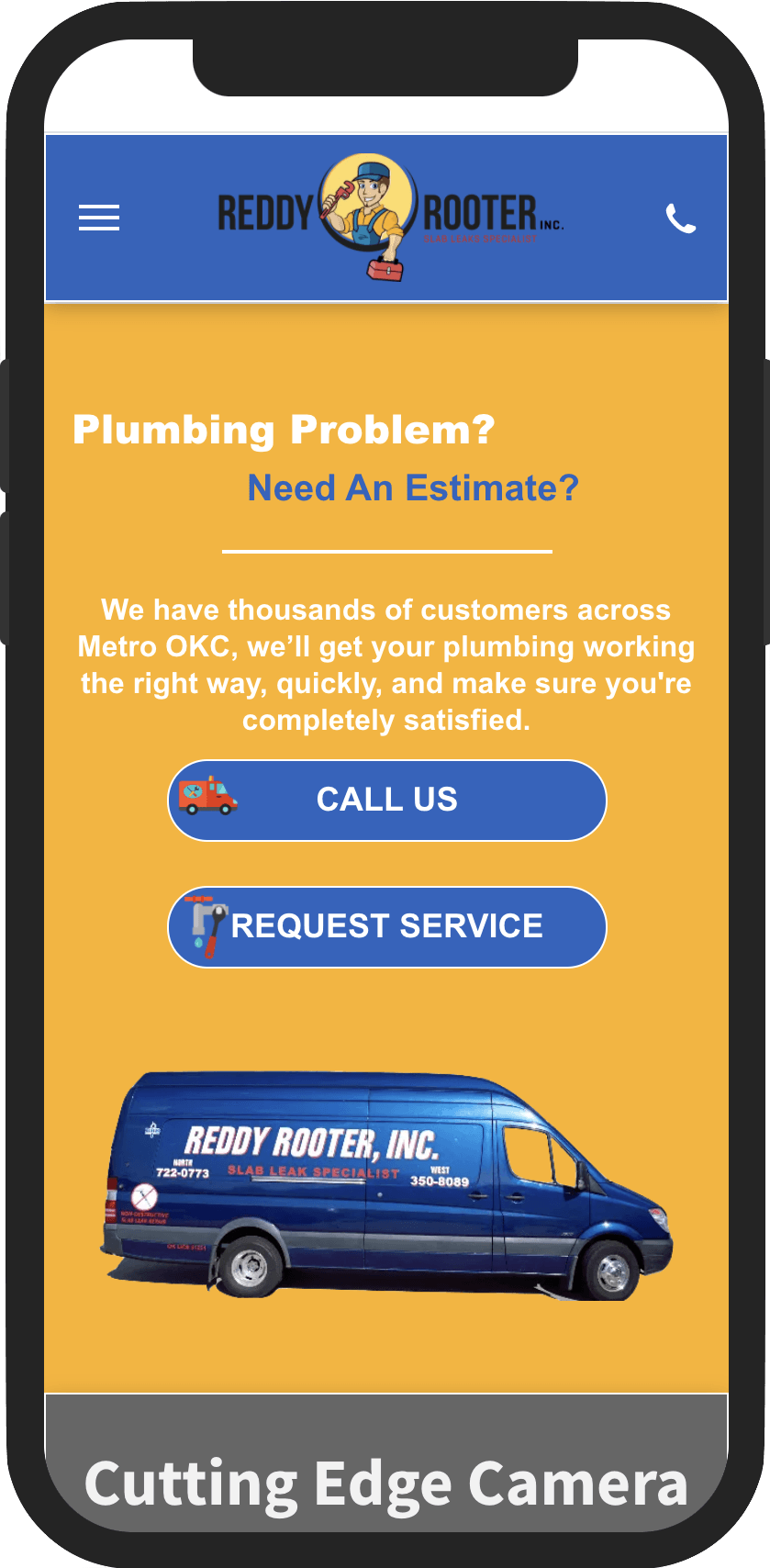 A phone screen shows a plumbing problem and a van.