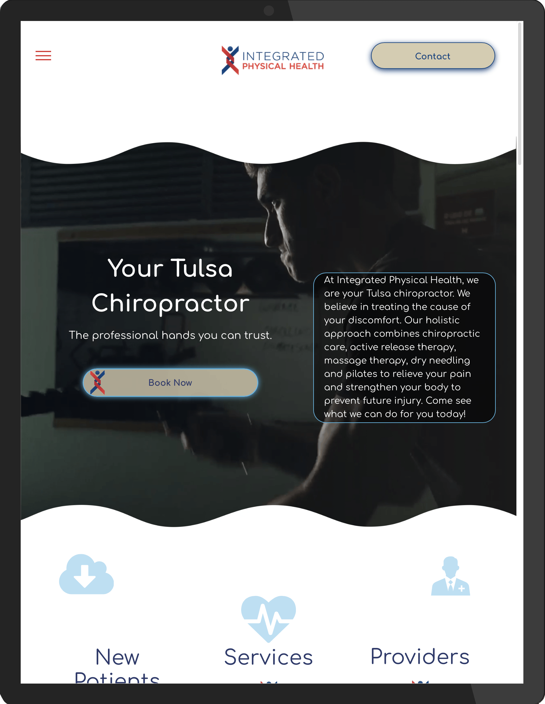 A tablet screen shows a website for a tulsa chiropractor.