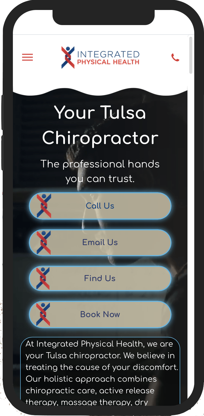 A cell phone displaying a website for a tulsa chiropractor.
