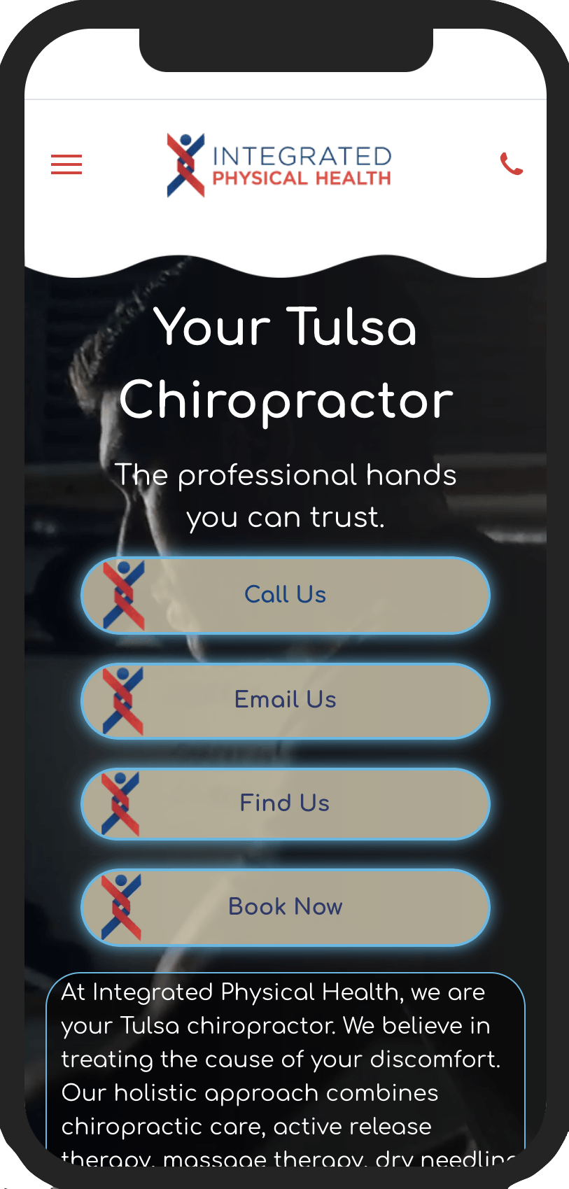 A phone screen shows a website for a tulsa chiropractor.