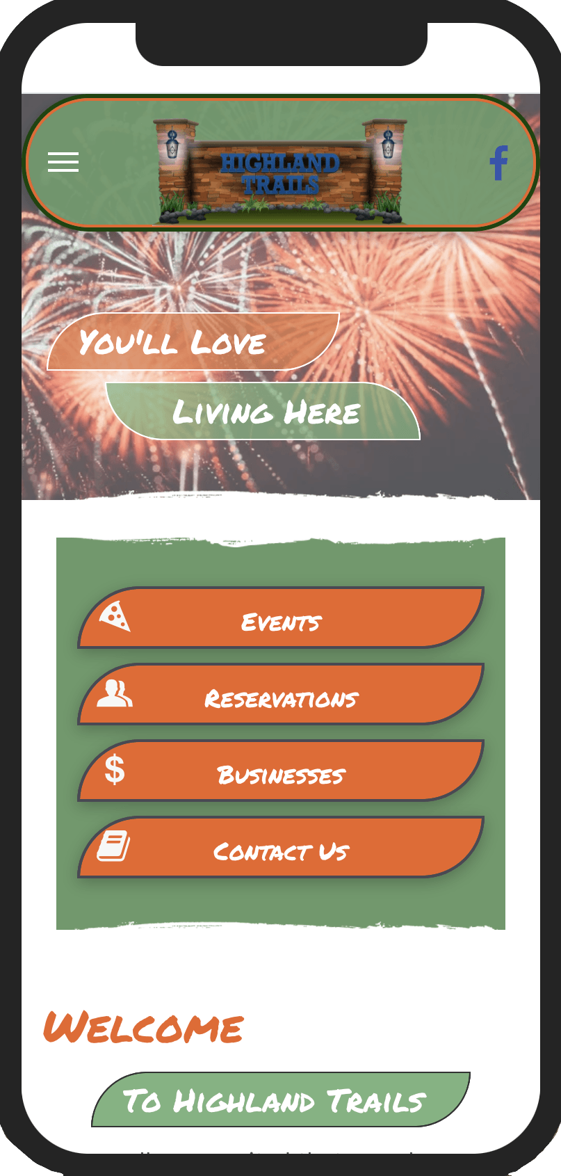 A screenshot of a website on a cell phone with fireworks in the background.