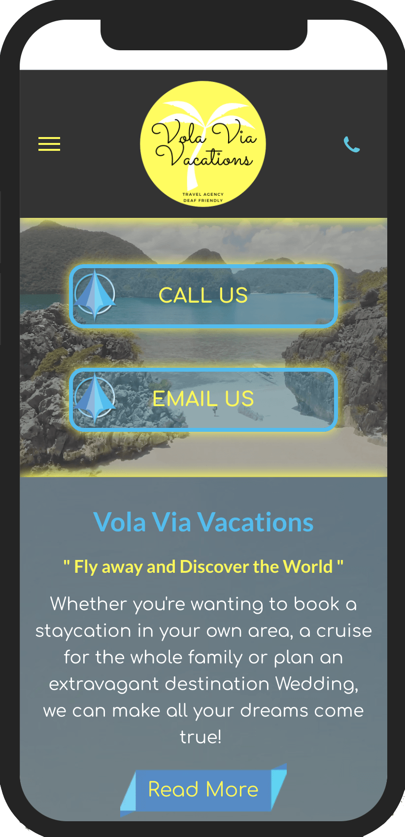 A cell phone with a vacation website on it.