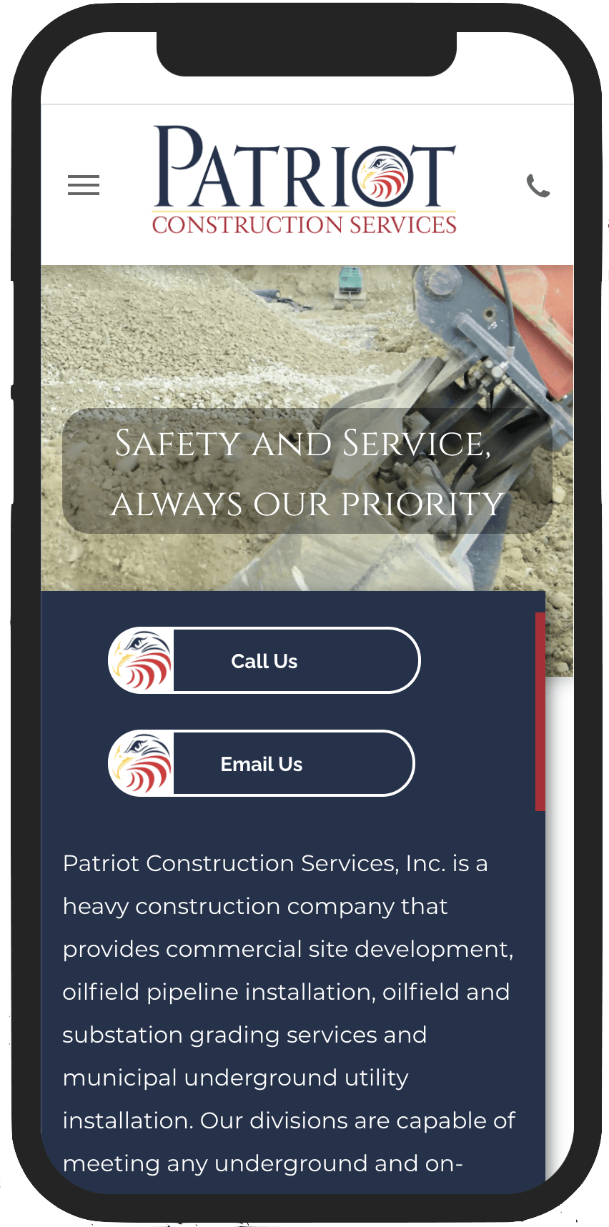 A phone screen shows the website for patriot construction services.