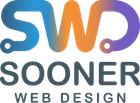 A logo for sooner web design with a checkered background