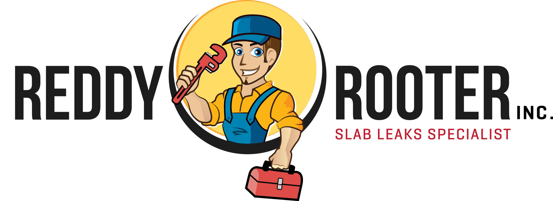 The logo for reddy rooter inc. shows a plumber holding a wrench and a toolbox.