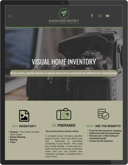 A tablet screen shows a website for visual home inventory