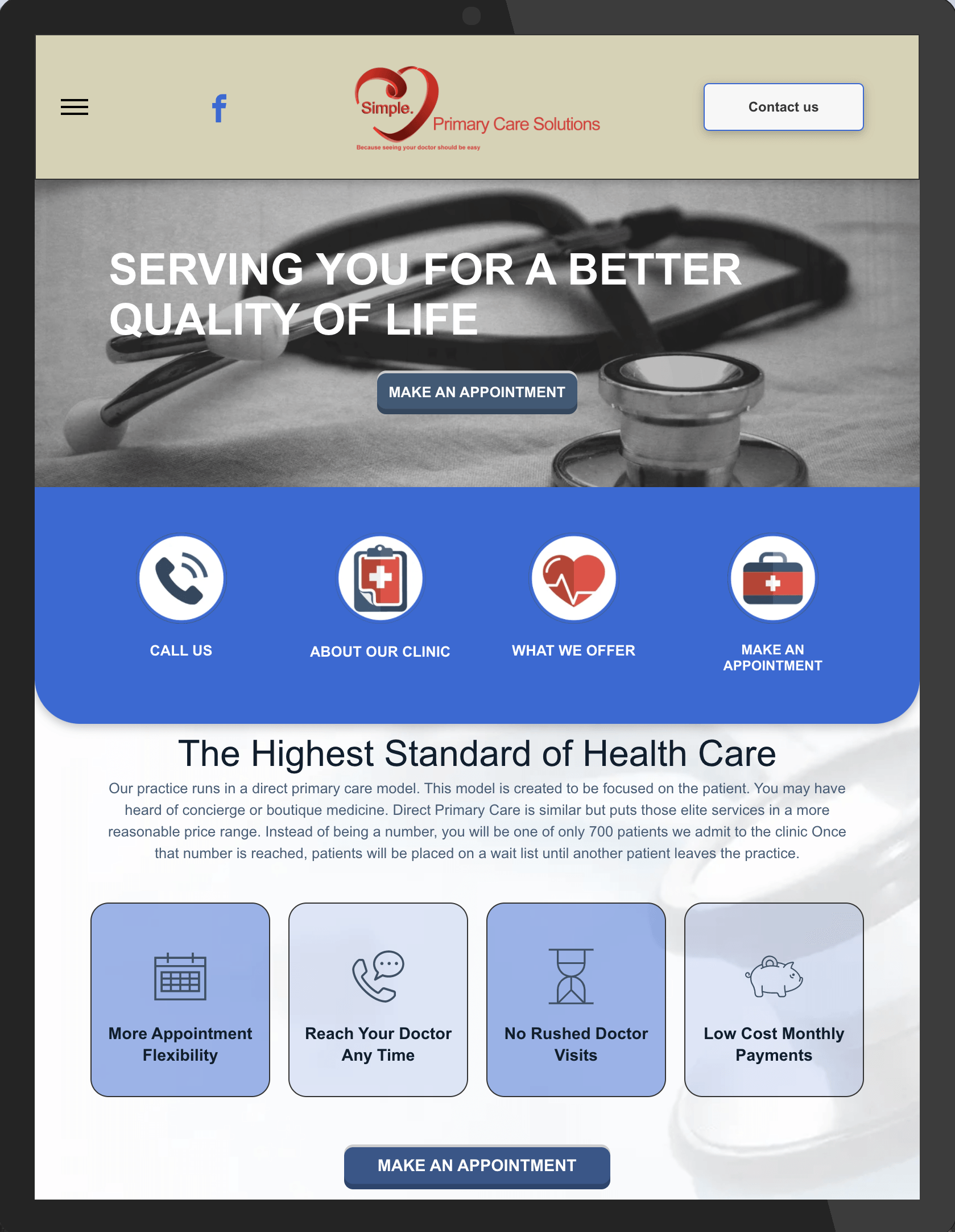 A tablet with a stethoscope on it and the words `` serving you for a better quality of life ''