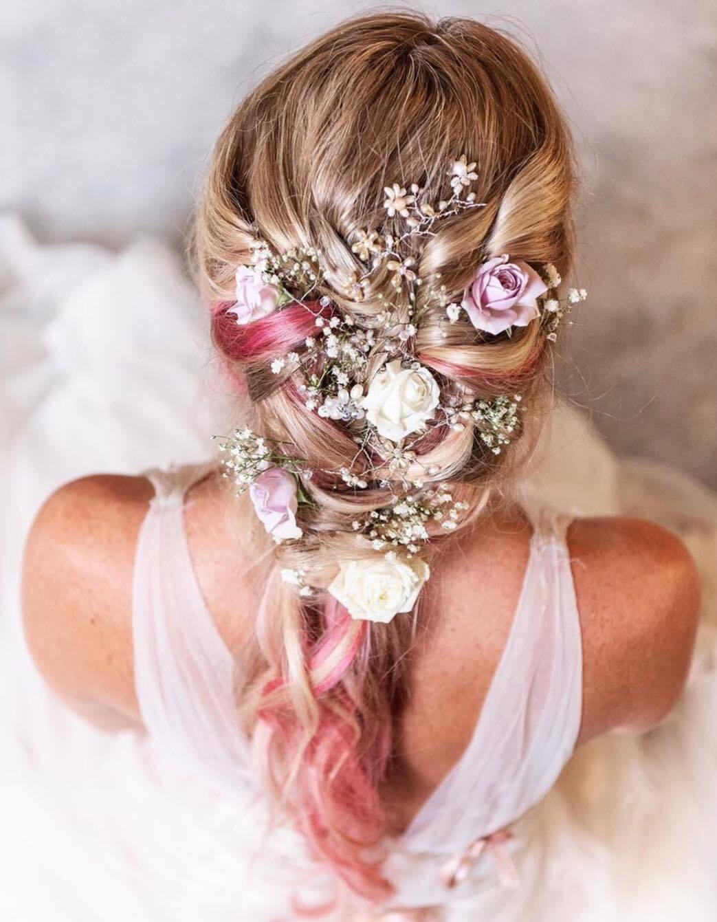 Wedding Hair up with flowers boho pink & Makeup by Jackie Jax-Glam Beauty Bristol for Bride