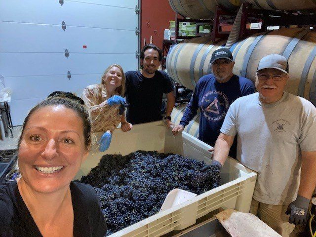 A group of people are standing around a pile of grapes.