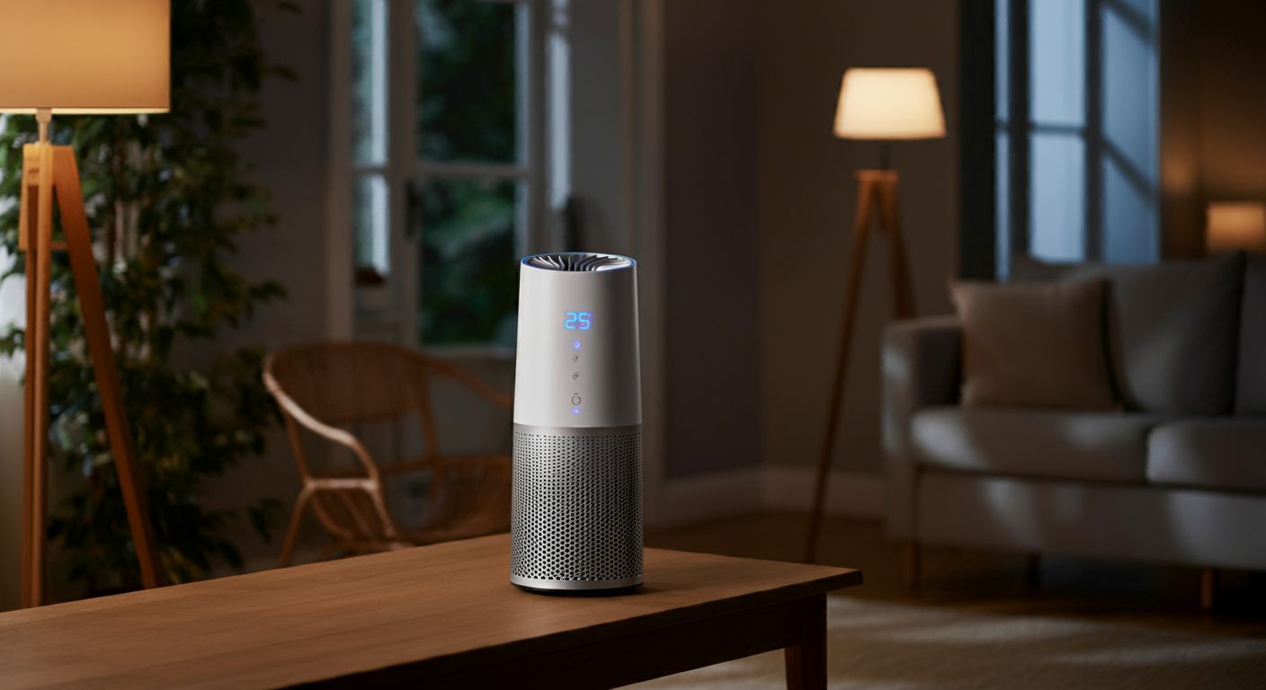 A white air purifier is sitting on a wooden table in a living room.