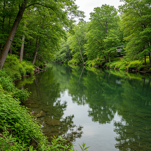River flowing through a lush green forest, reflecting trees and sky.