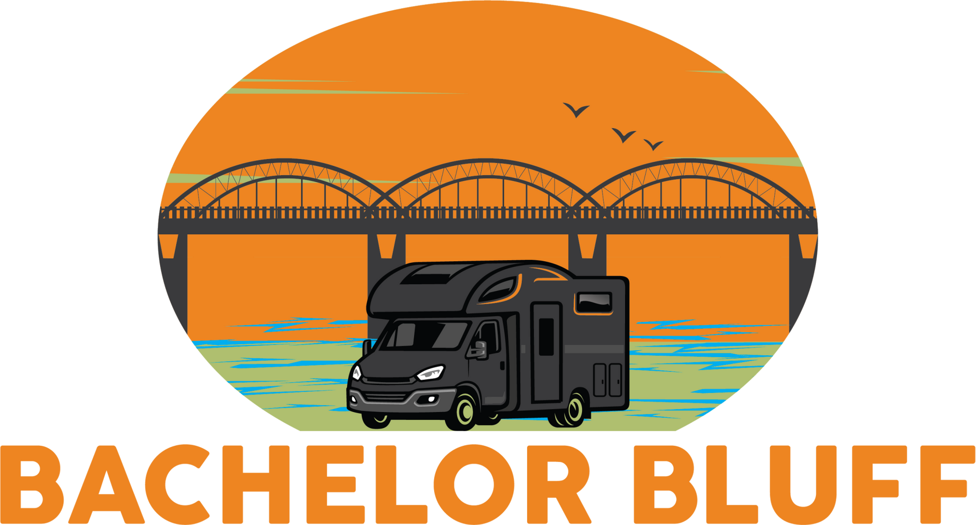 RV in front of a bridge, with an orange sunset background.