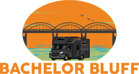 A black RV in front of a bridge, with an orange sunset background, logo for 