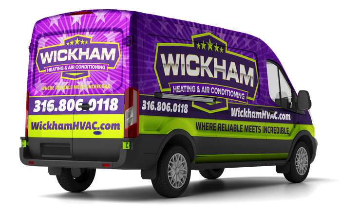 A wickham heating and air conditioning van is sitting on a white surface.