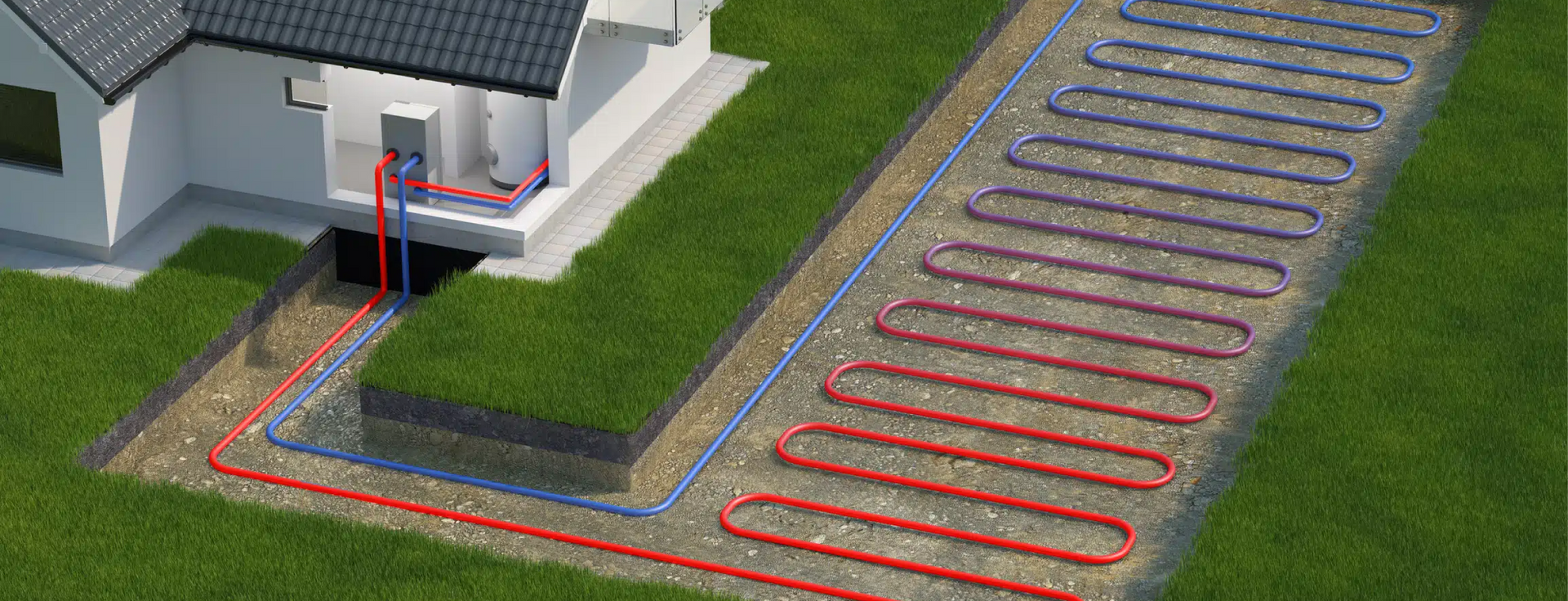 An aerial view of a house with a heating system in the ground.