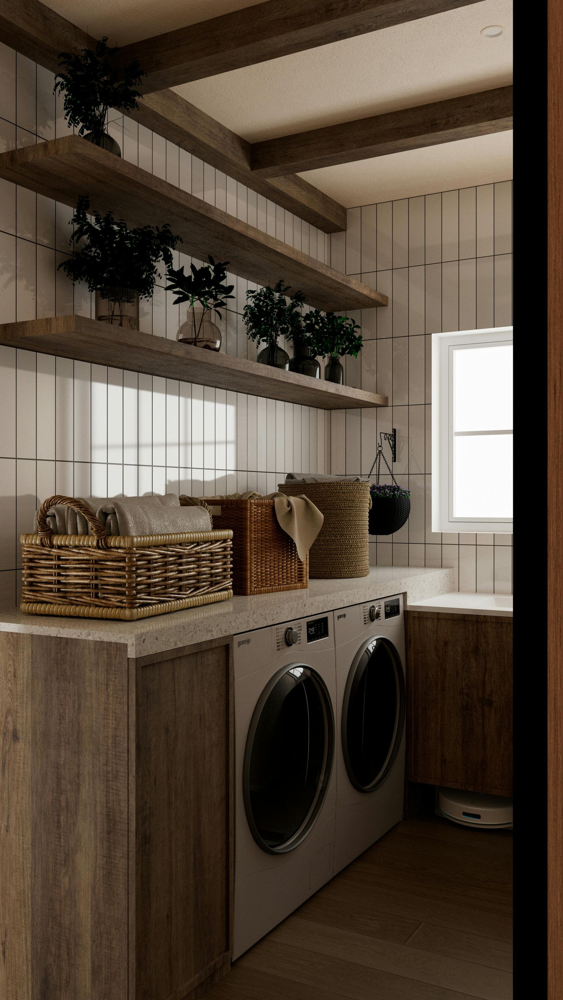 Laundry room with washer, dryer, wooden shelves with plants, and baskets.