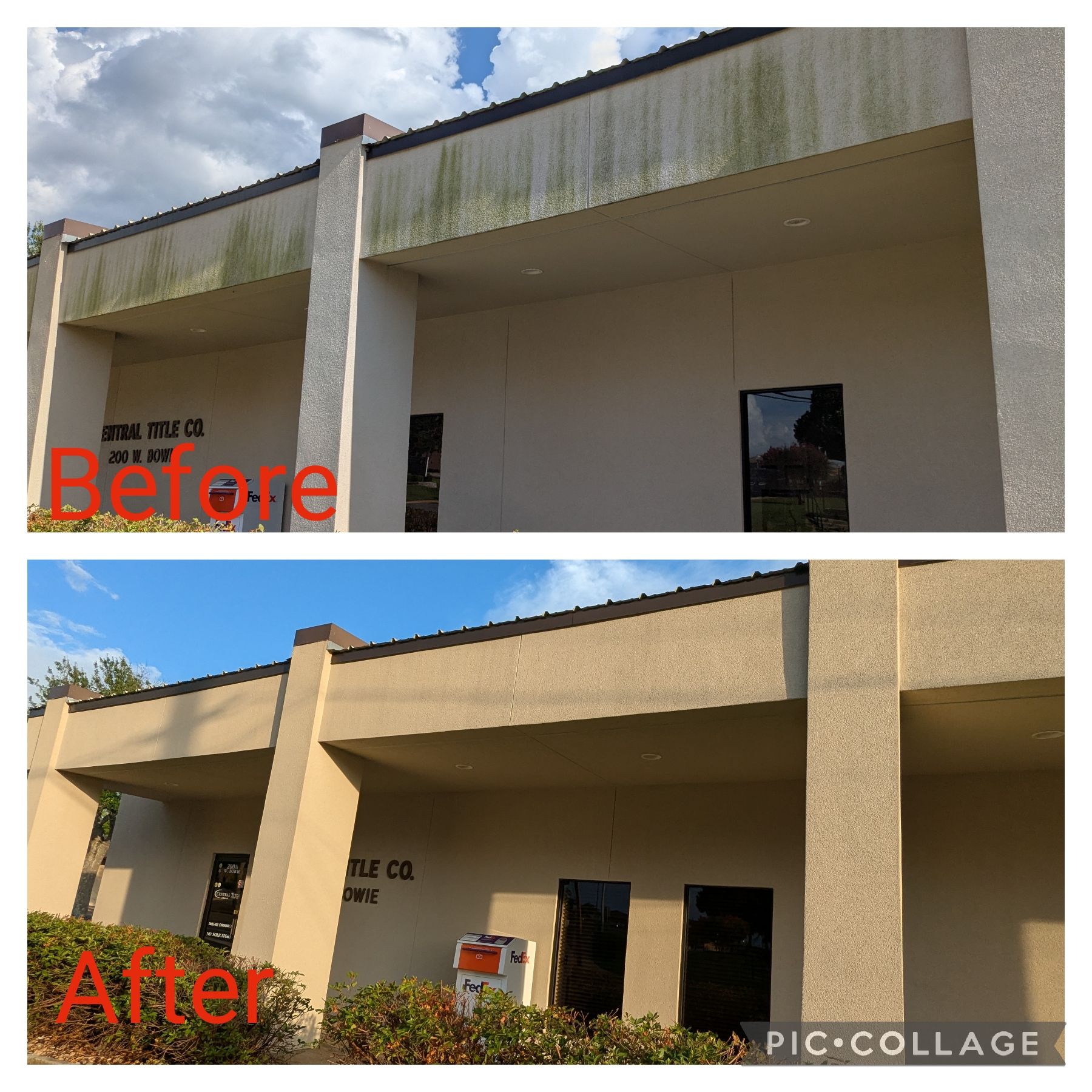 Before-and-after collage of a beige building facade with visible green mold/dirty streaks cleaned away.