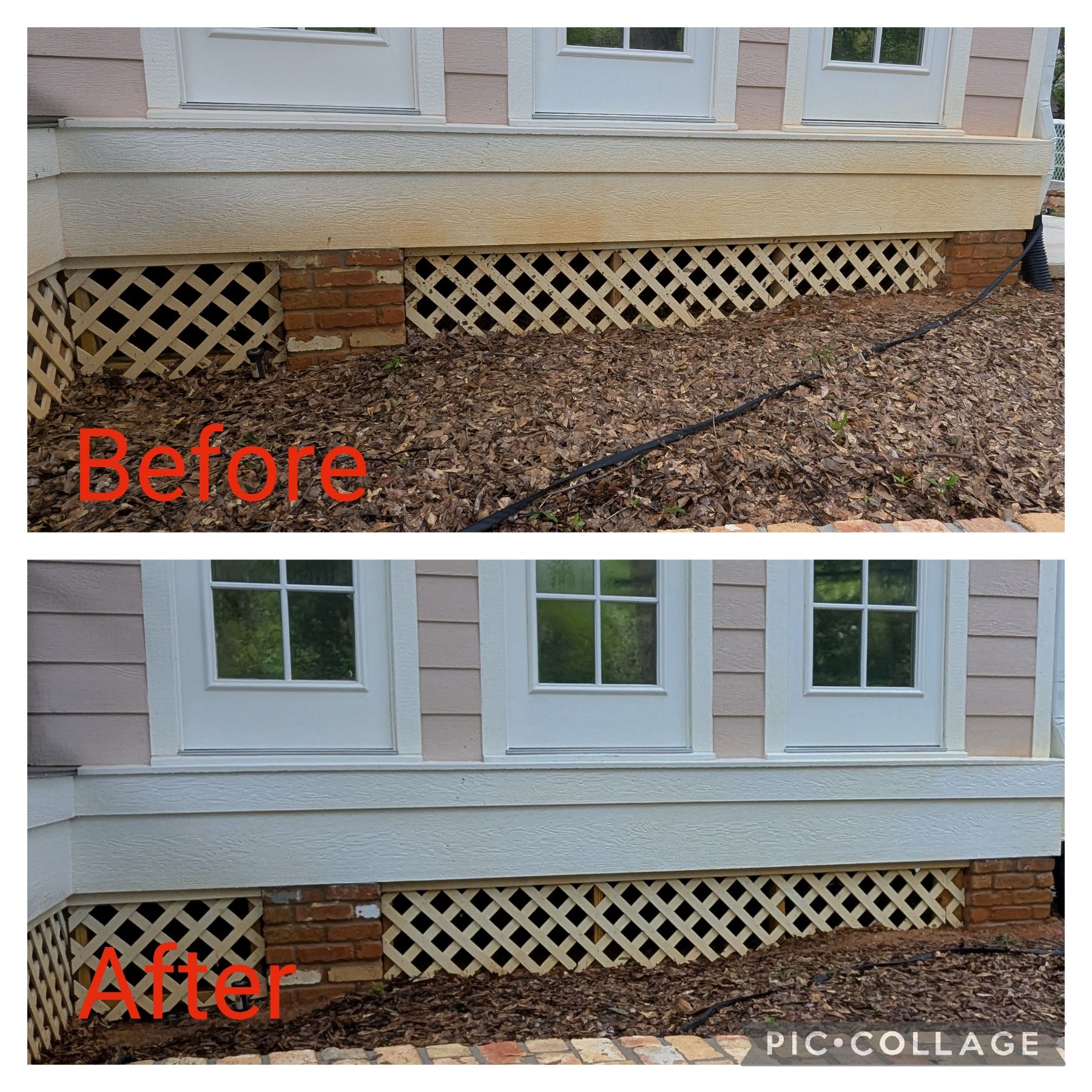 Before-and-after view of house skirting repair with lattice panels under windows and mulch bed.