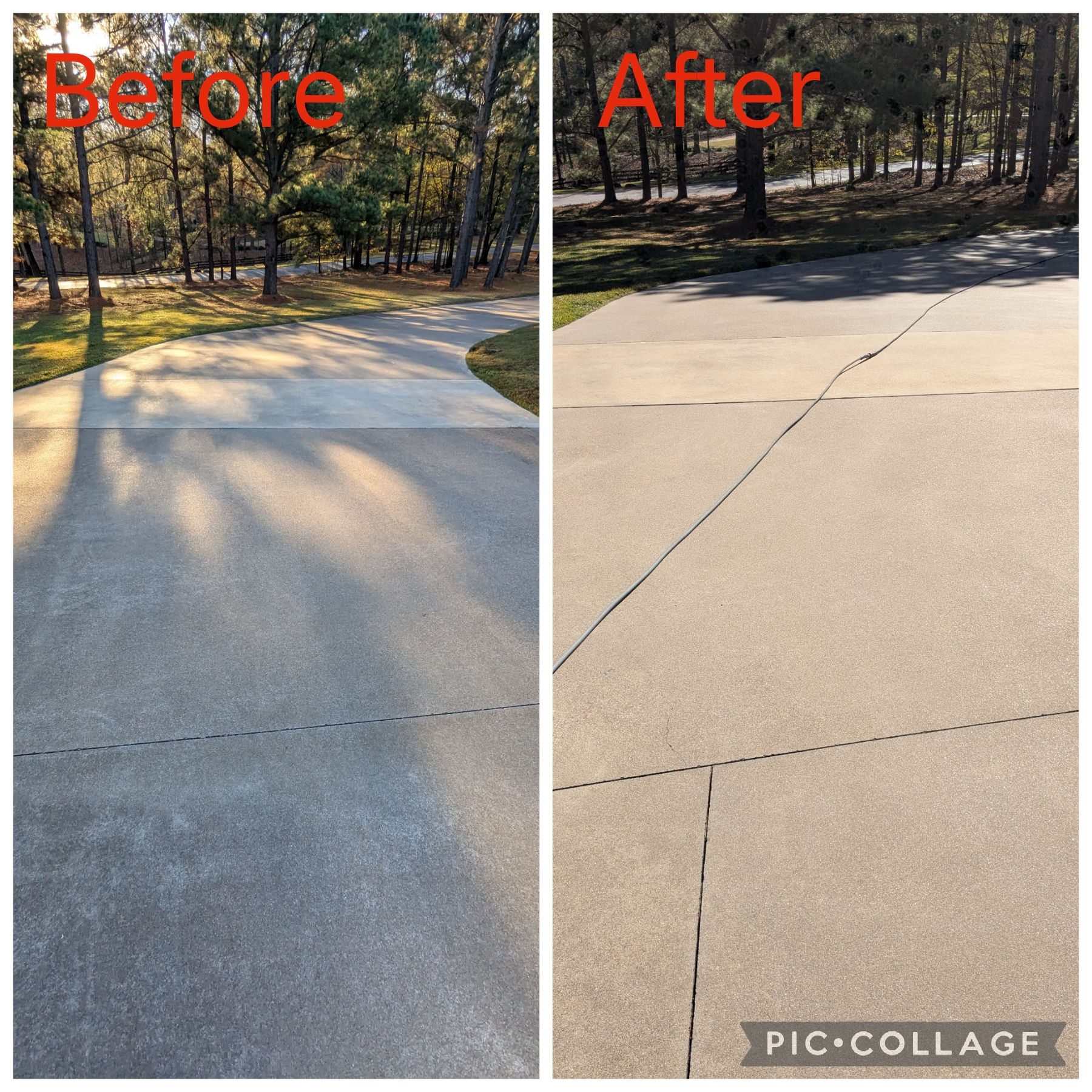 Before and after split view of a driveway: shaded concrete on the left, brighter repaired surface on the right.