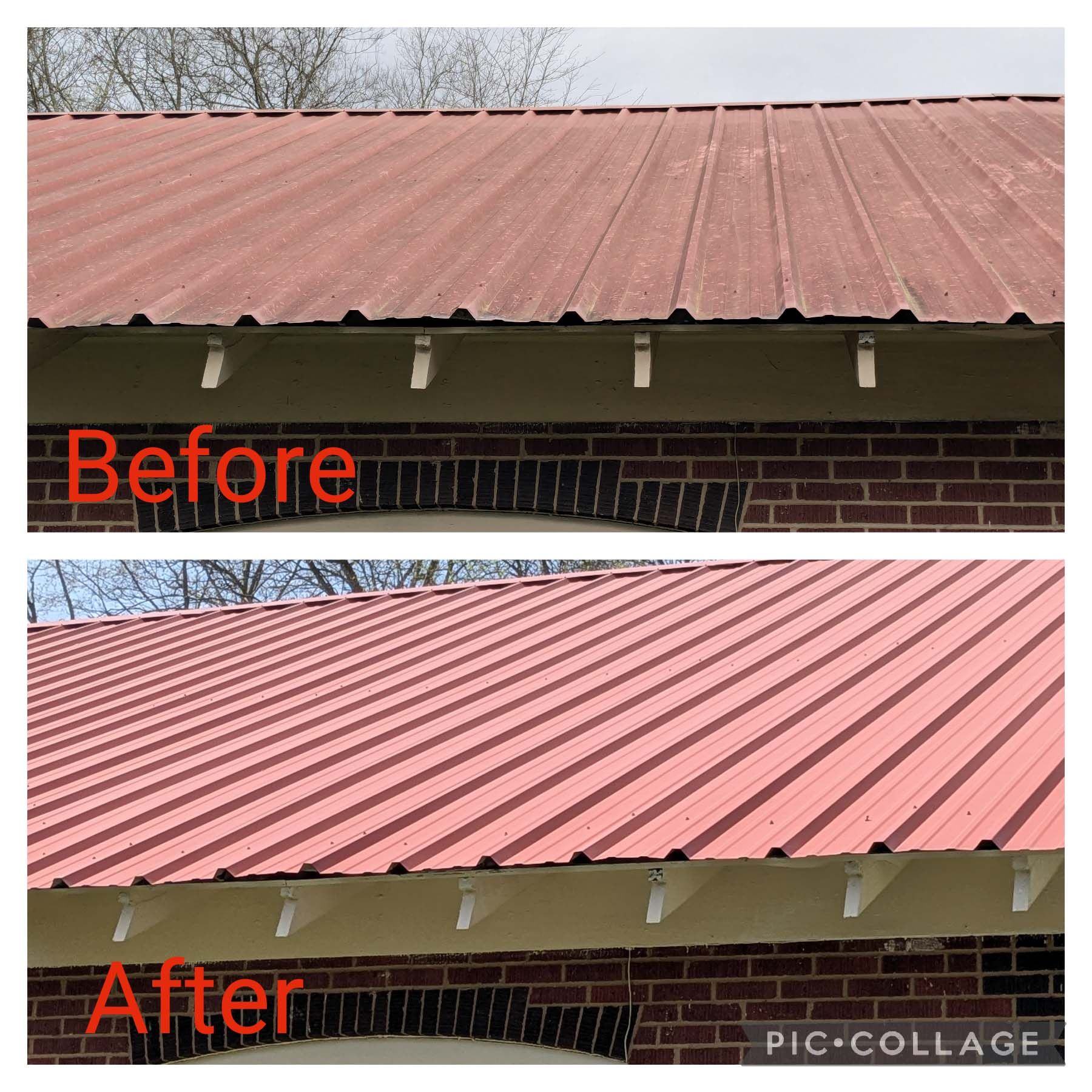 Before-and-after of a red metal roof on a brick house, showing a cleaner, brighter finish after repainting.