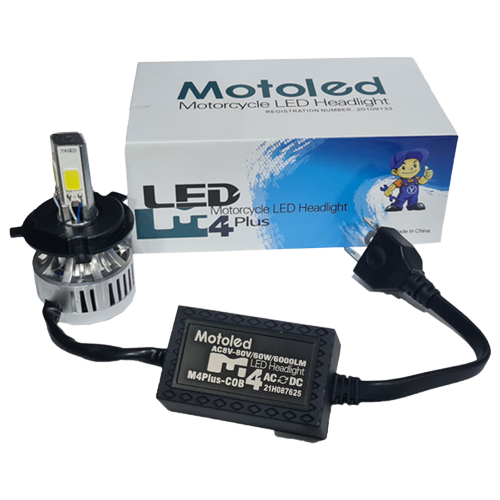 Un faro LED de motocicleta está junto a una caja.