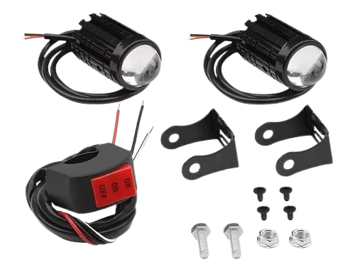 Una imagen de un kit de luces de motocicleta con un interruptor y tornillos.