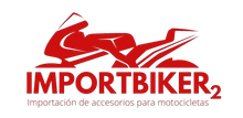 Un logotipo rojo para importbiker2 con una motocicleta en él.