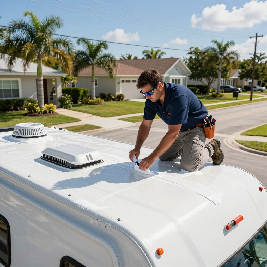 A damaged RV inside a warehouse, roof showing significant deterioration.